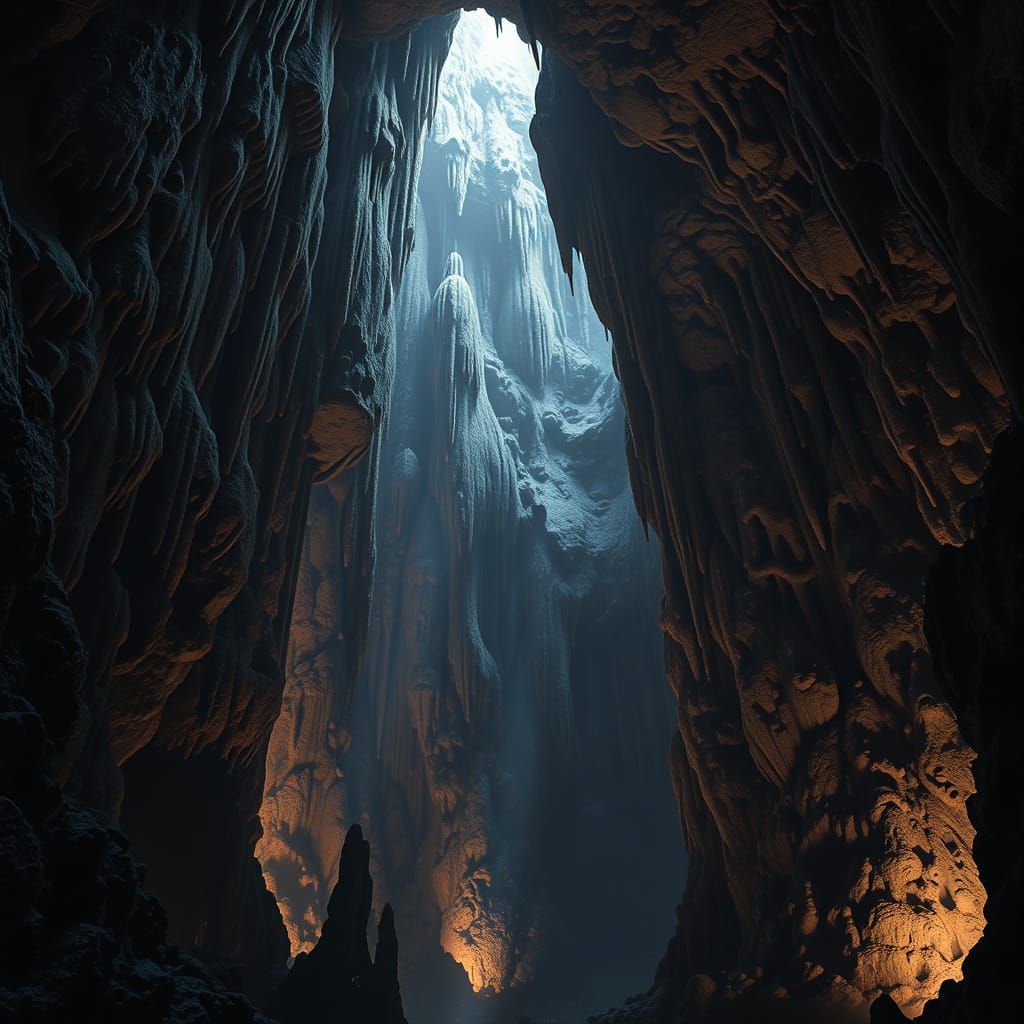 Ethereal Lit Cavern in Moody, Textured Style