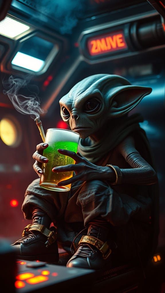 Dwarf Alien in Sci-Fi Spaceship, Smoking a Joint and Drinkin...