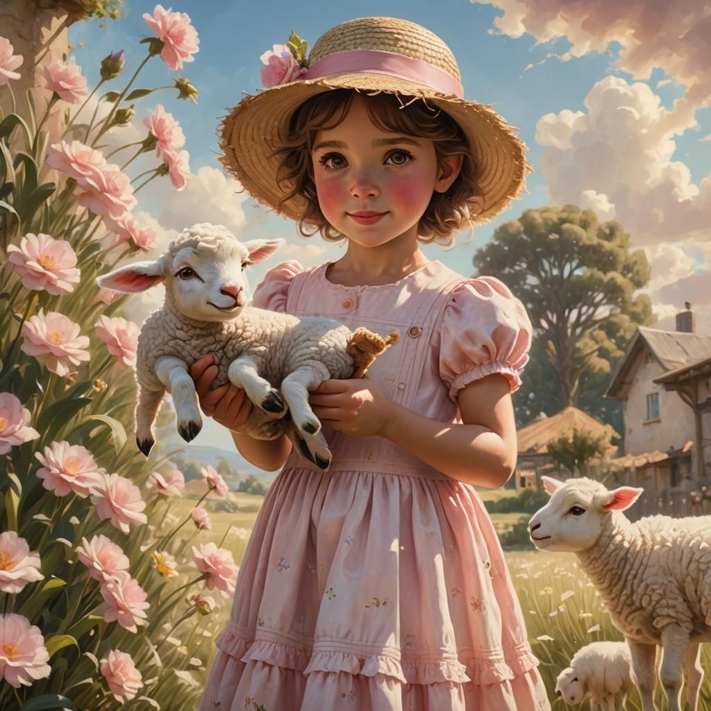 Girl Offers Lamb a Drink: 3D Digital Art