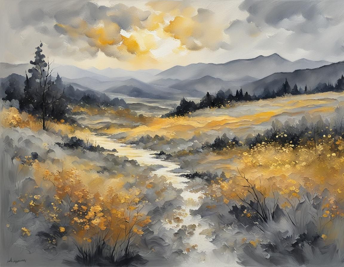 A grey dawn landscape flecked with gold