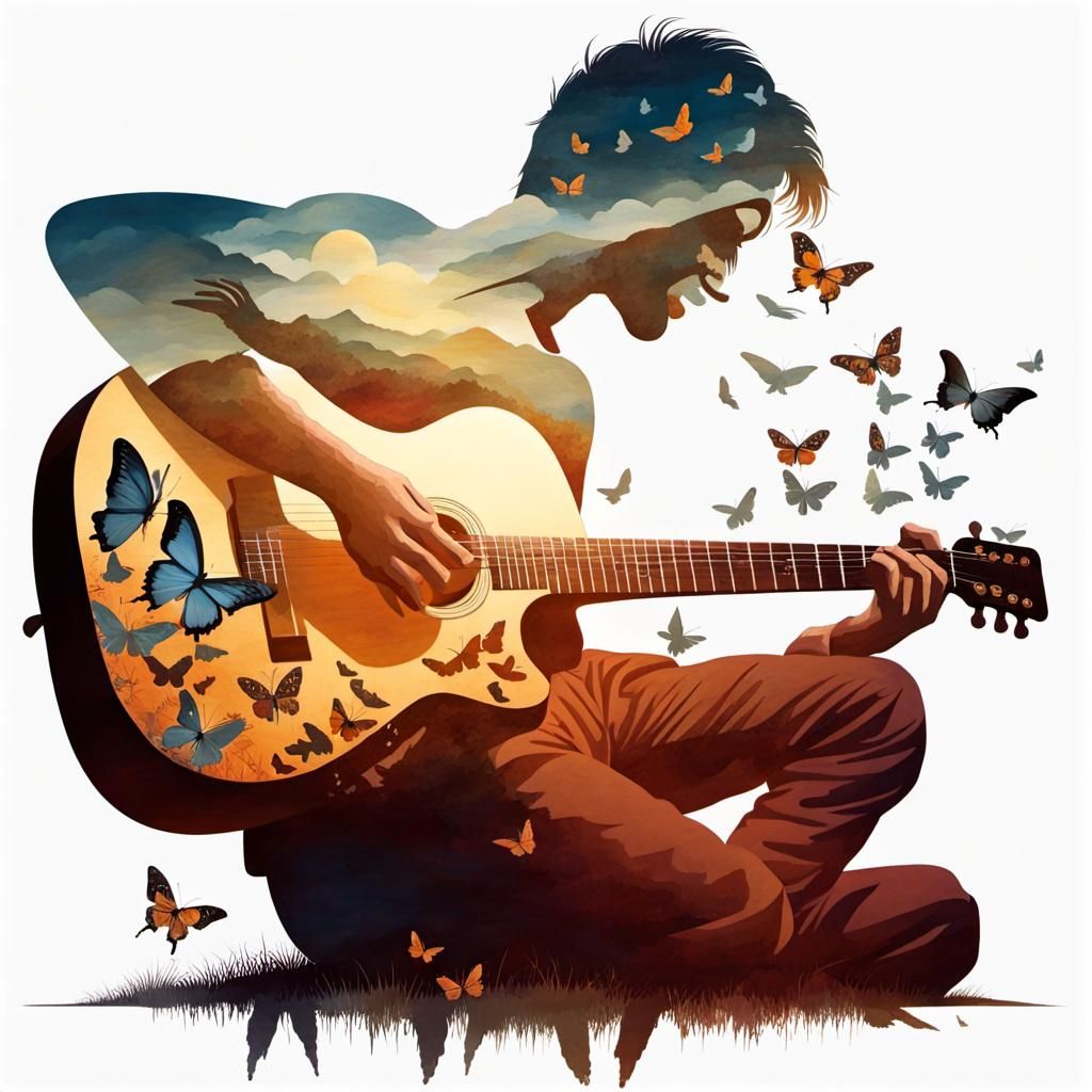 Man Plays Guitar in Dreamlike Landscape