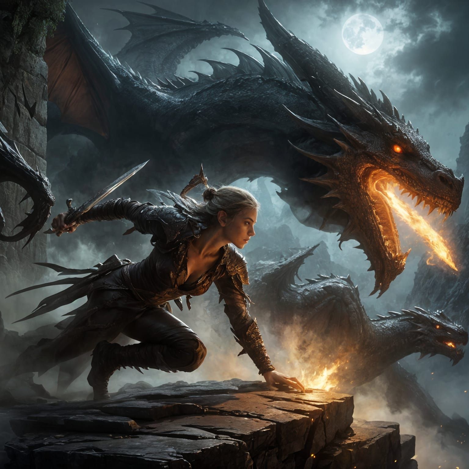 Epic Dragon vs Elf Warrior in Foggy Night