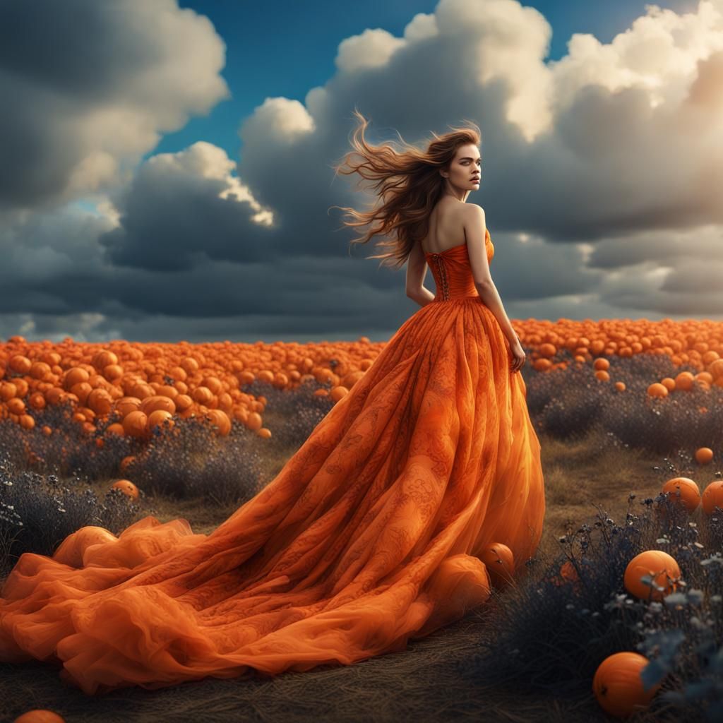 Barbara Palvin in Orange Gown with Black Flowers