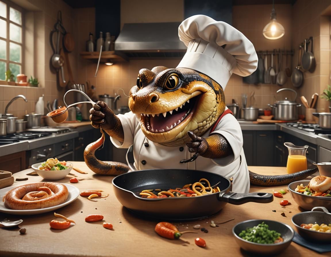 Chubby Snake Chef Cooking with Mouse, CGI Style