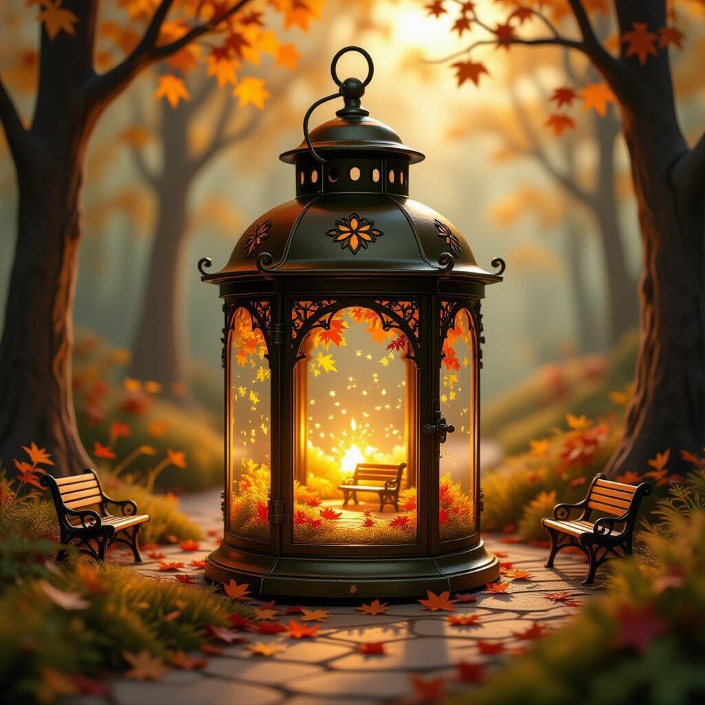 Whimsical Autumn Forest Inside Brass Lantern
