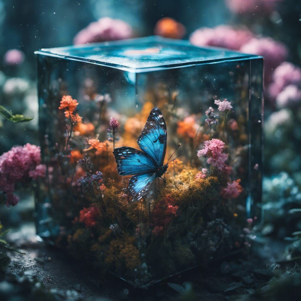 Hyper-Realistic Butterfly in Cube with Cosmic Wings