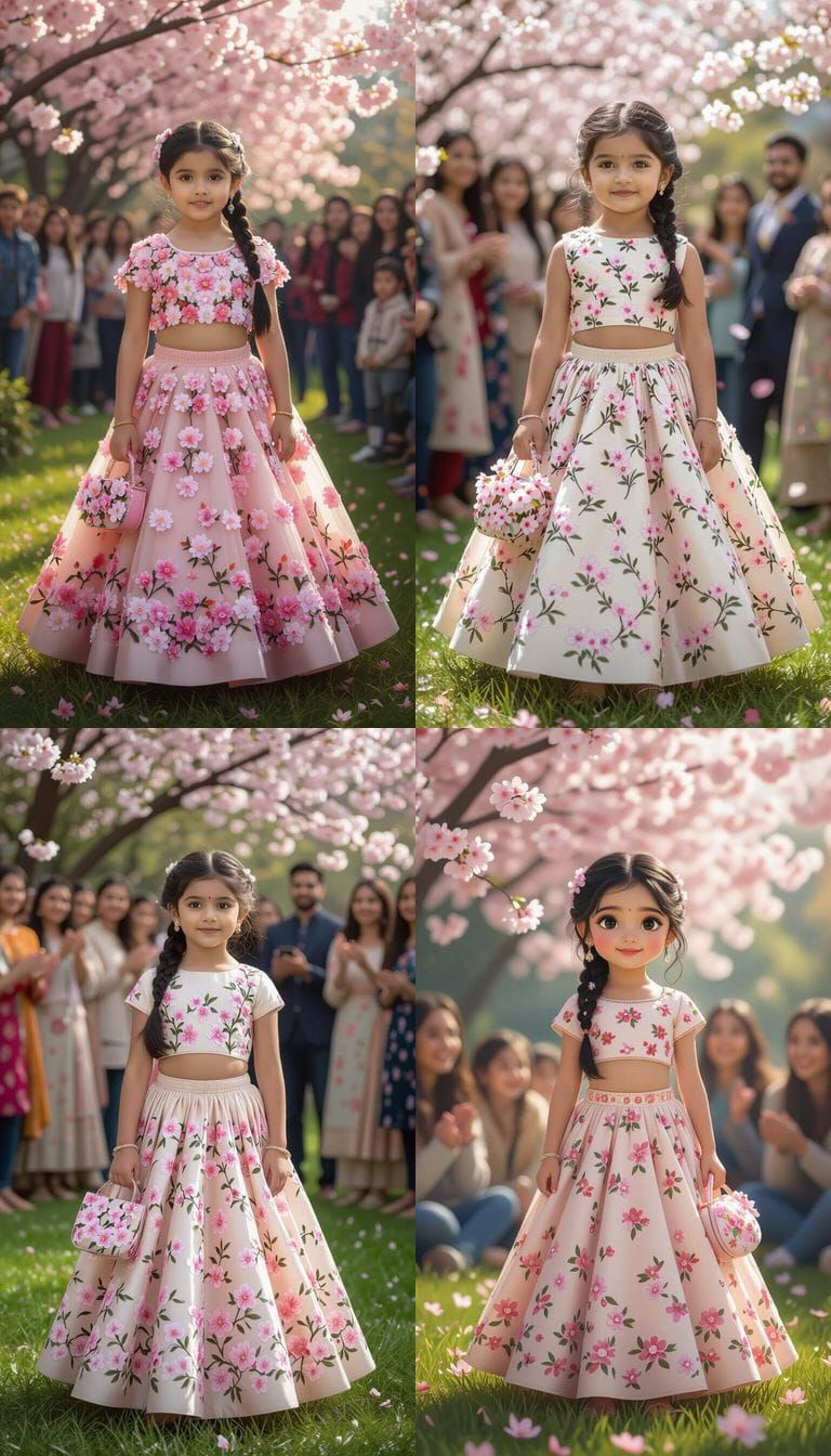 Cute Girl in Cherry Blossom Lehenga with Amazed Onlookers