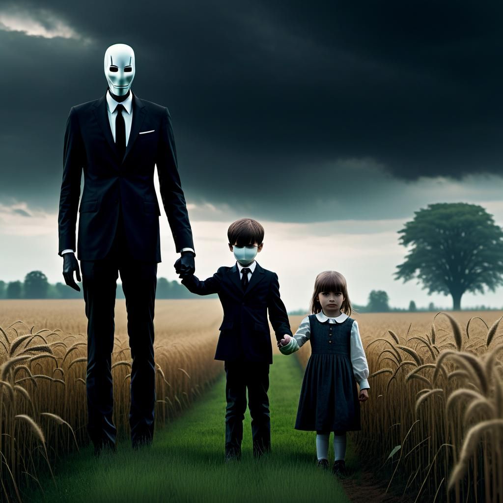 Eerie Slender Man and Child: Vintage Photograph