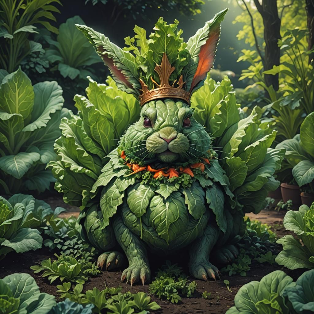 Lettuce Bunny King with Carrot Crown: Dark Fantasy Art