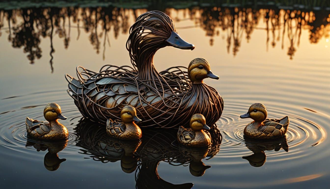 Wire Ducklings Cross Pond in Surreal Sculpture