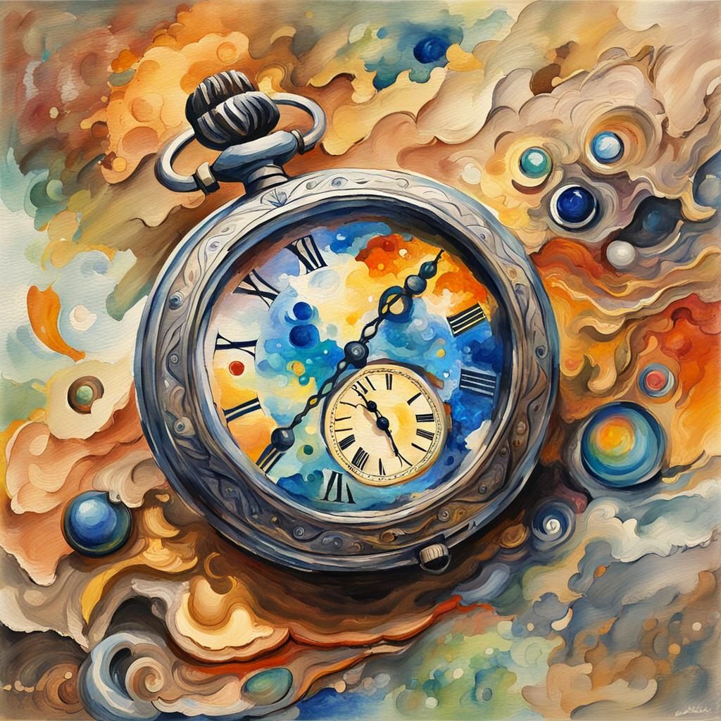 Space and Time Pocket Watch in Gouache Style