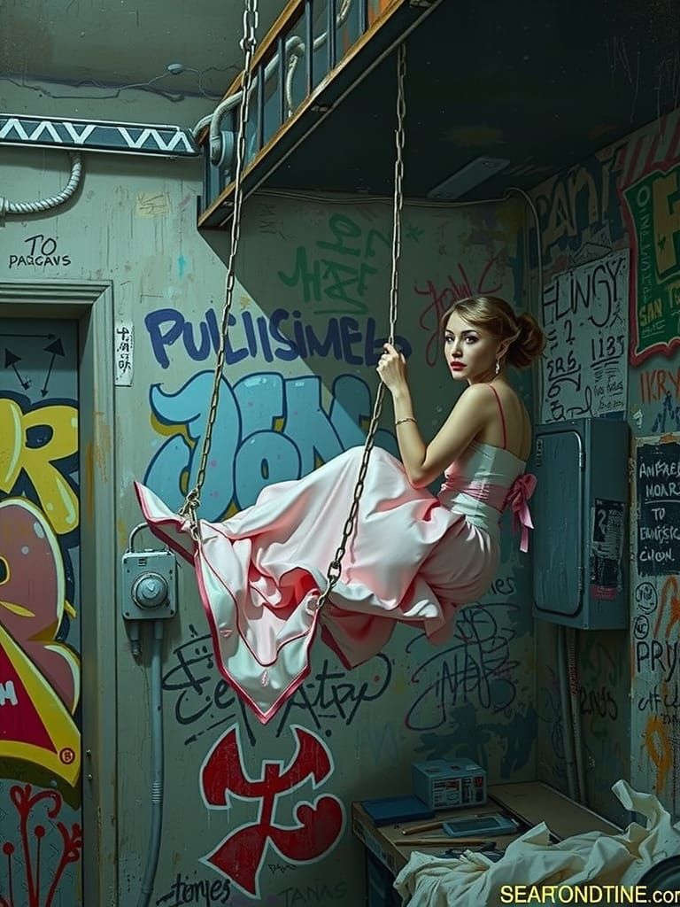 Woman in Pink Gown on Swing with Vibrant Graffiti