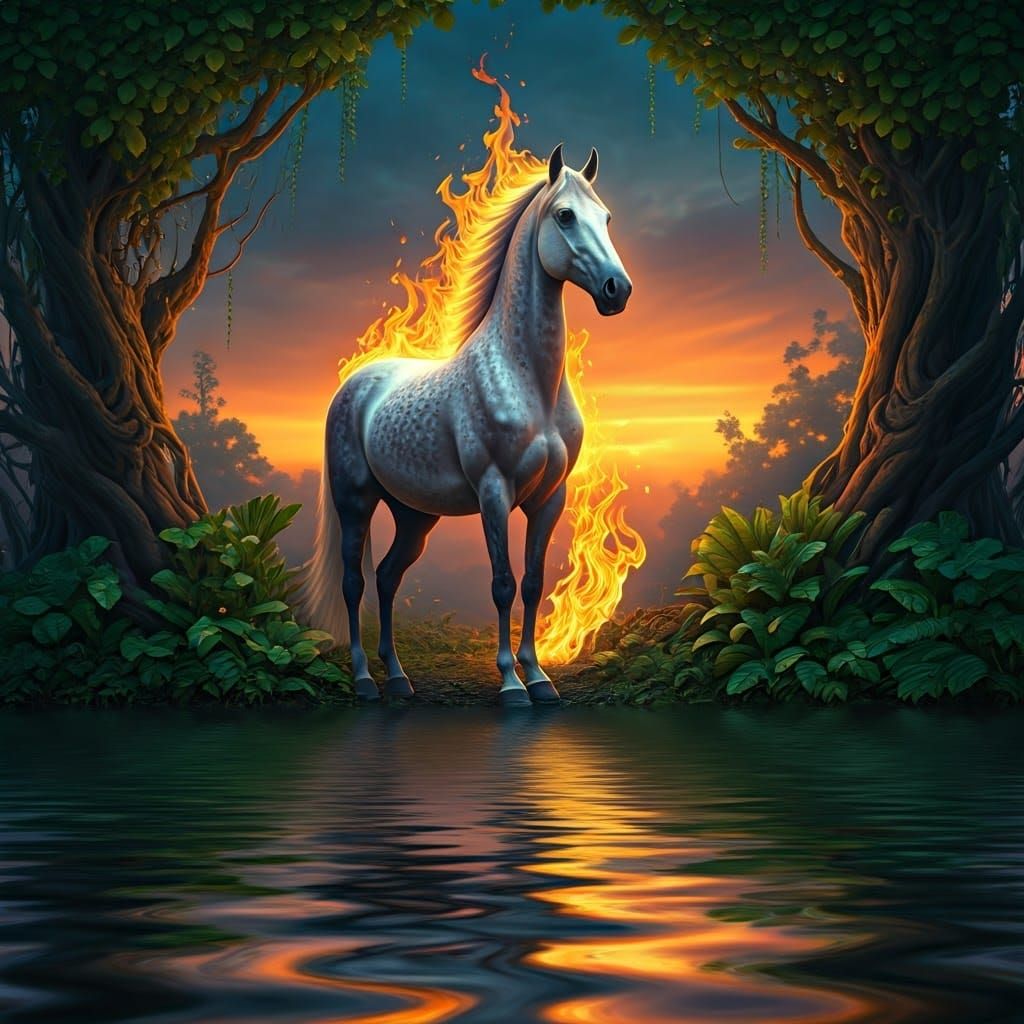 Mystical Flaming Horse in Fantasy Landscape