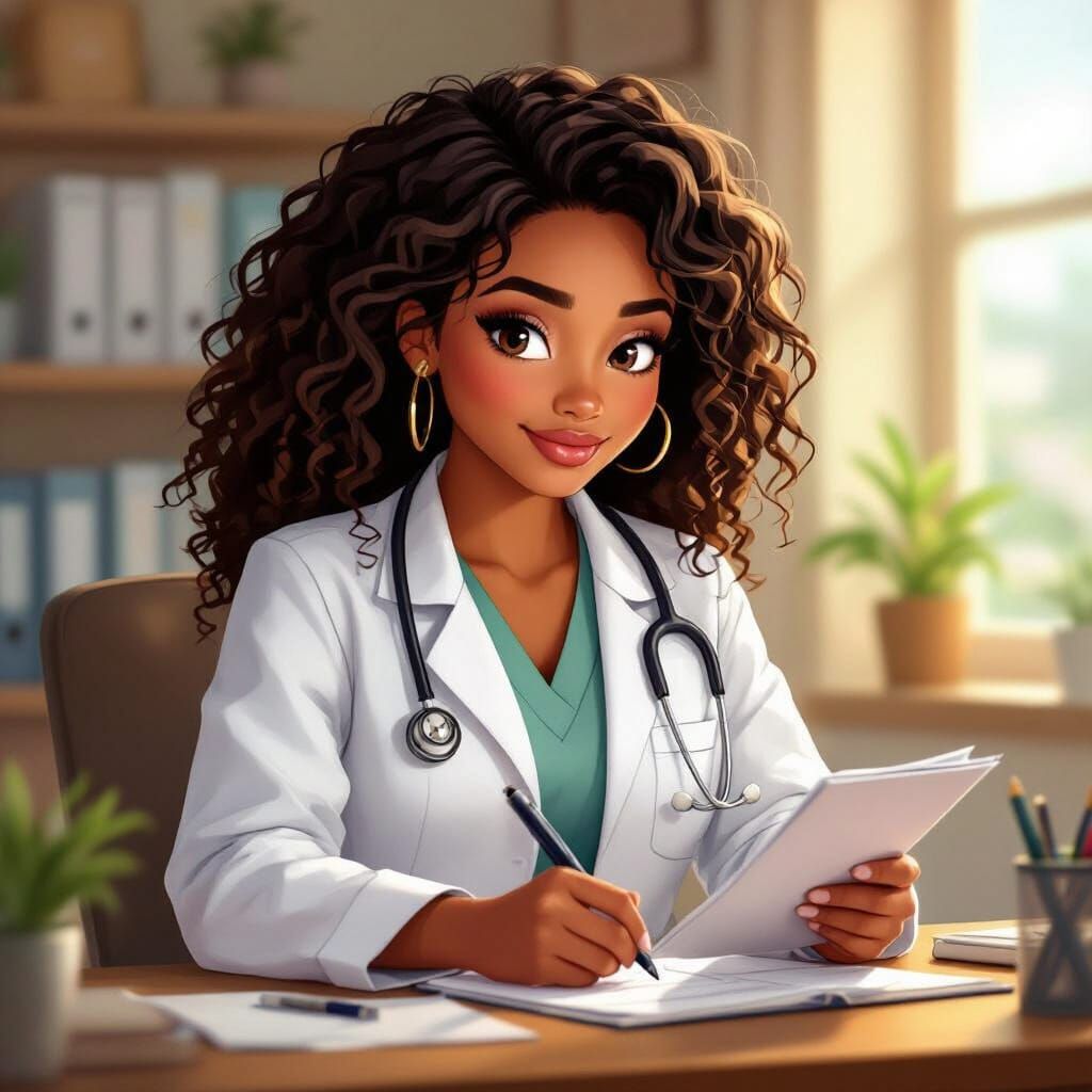 African Nurse Practitioner Charting at Desk in Cartoon Style