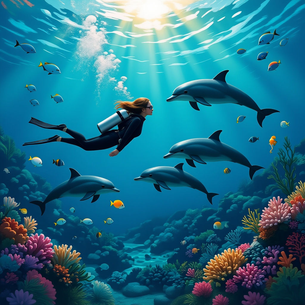 Diver and Dolphins in a Vibrant Coral Reef