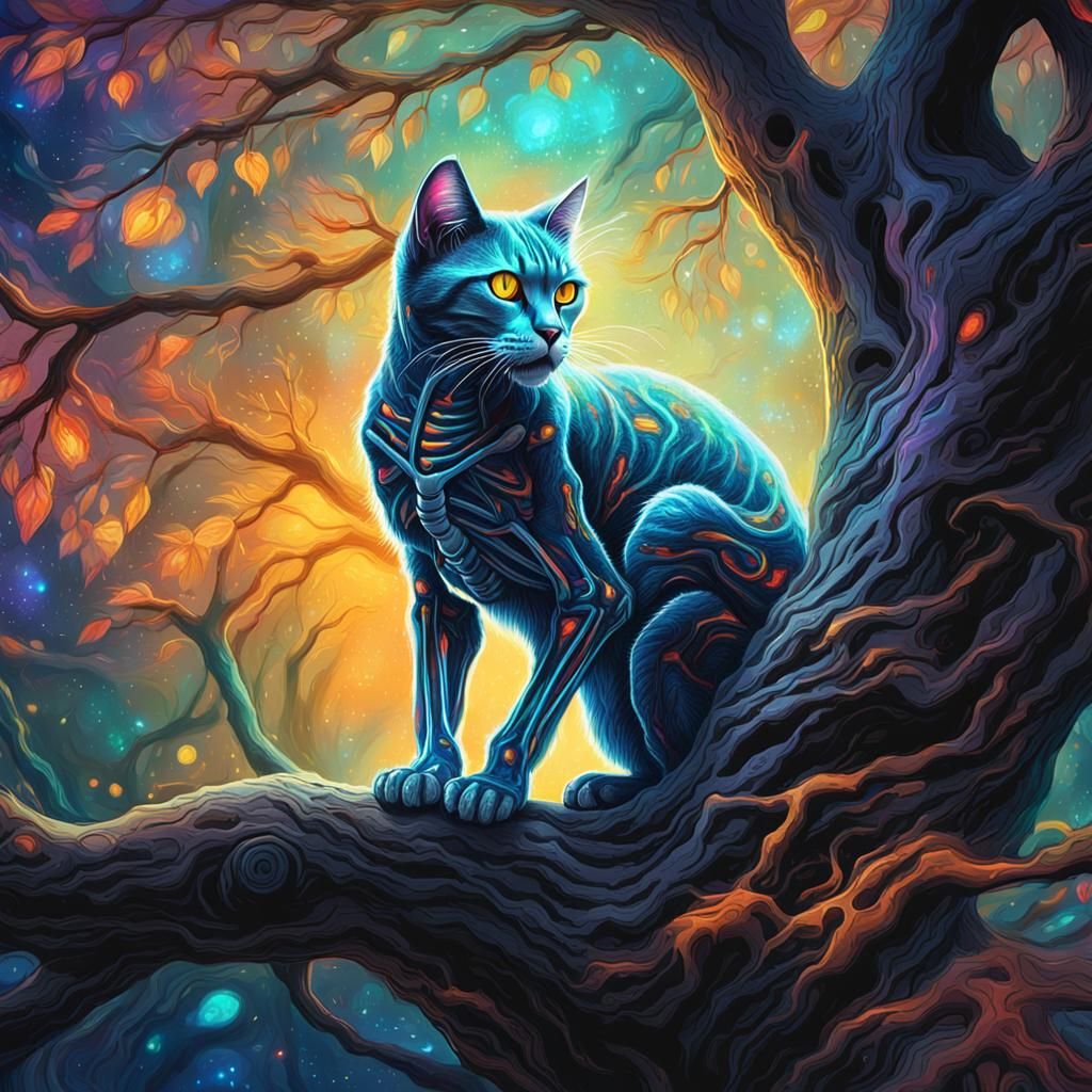 Whimsical Cosmic Feline Ascends a Vibrant Tree