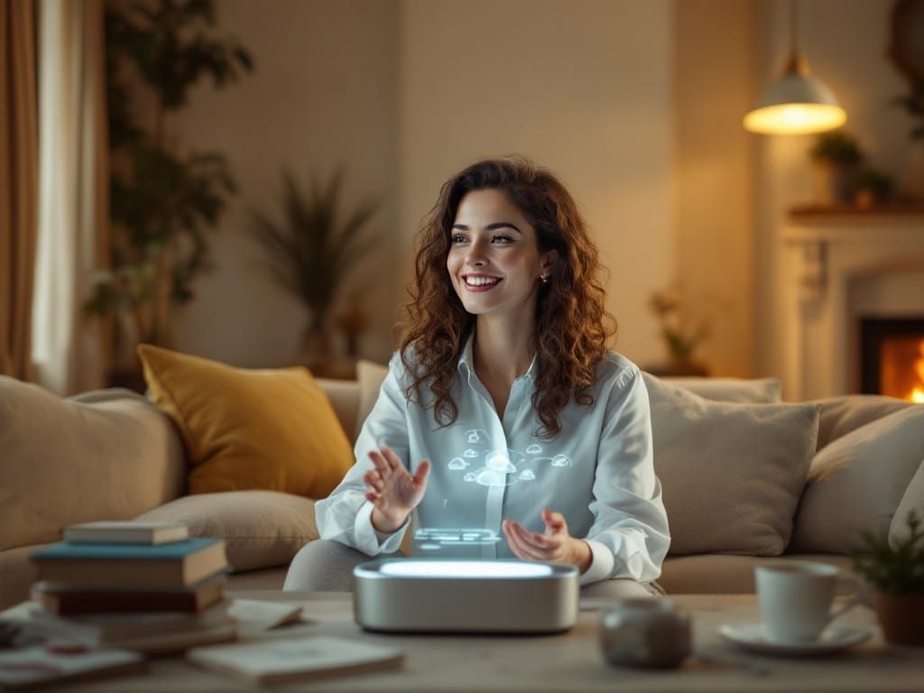 A Holographic Assistant in a Cozy Futuristic Living Room