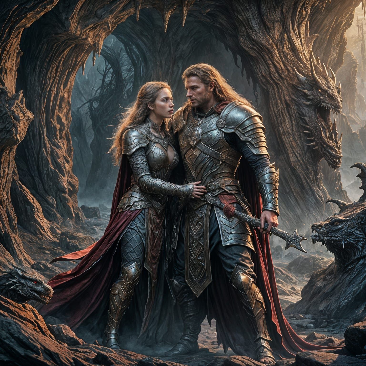 Brunhilde and Siegfried in Dragon's Cave: Fantasy Art