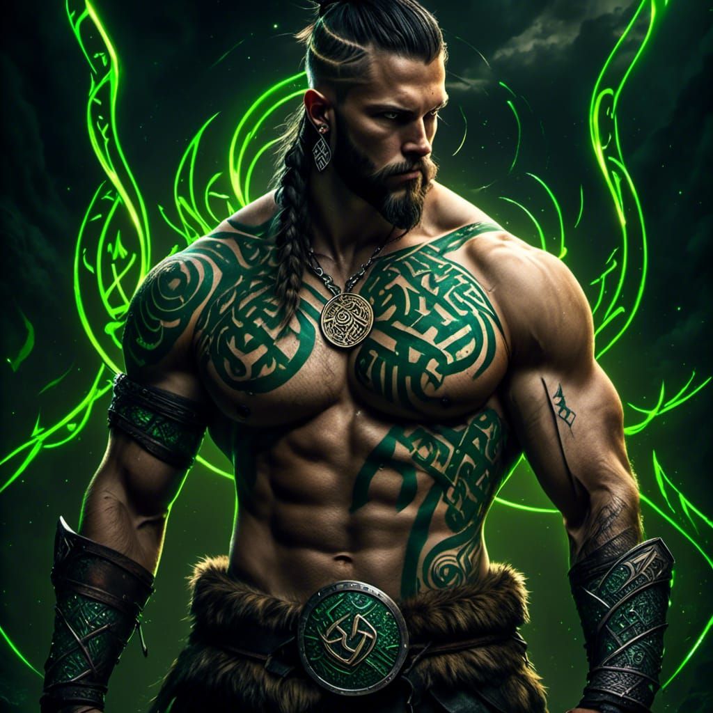 Hyperrealistic Viking Warrior with Glowing Runes