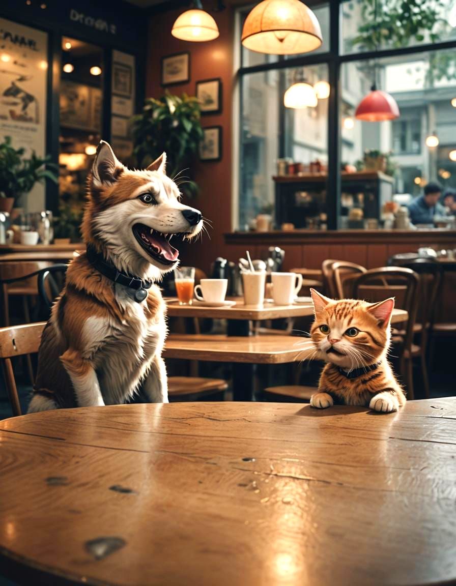Cartoon Dog and Cat Laughing in Cafe: Cinematic Still