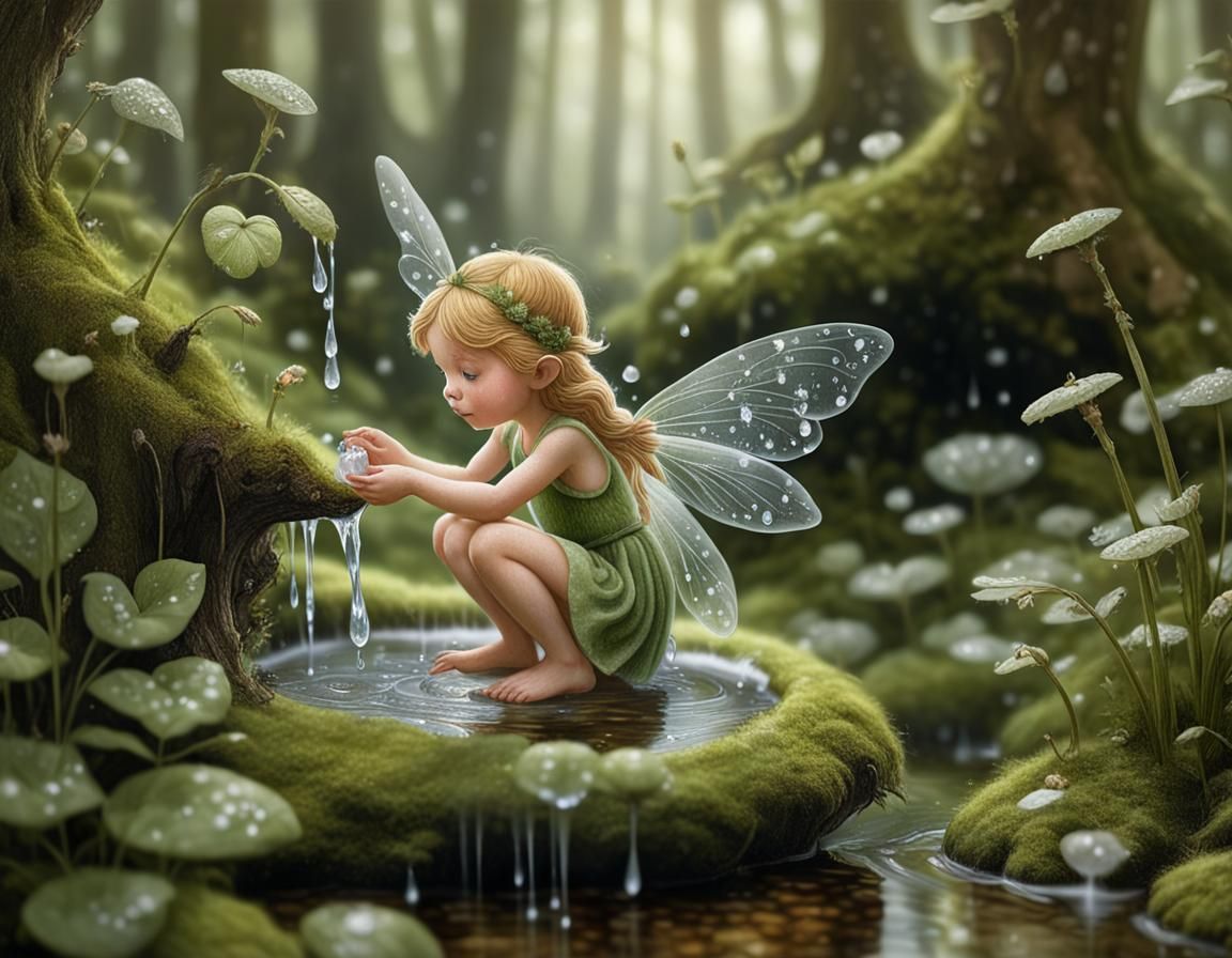 Fairy Bathing in Forest, Hyperrealistic Close-Up