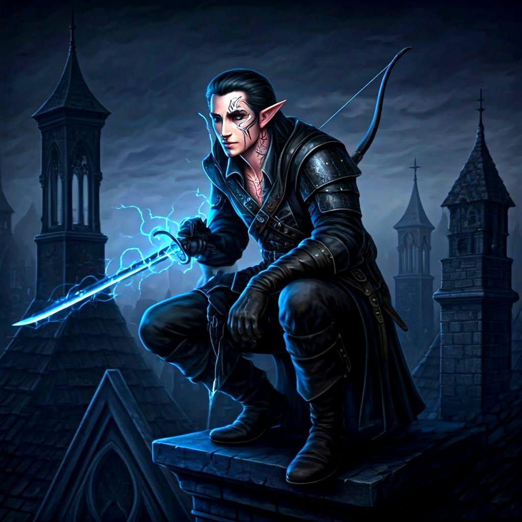 Half-Elf Rogue on Rooftop in Horror Style
