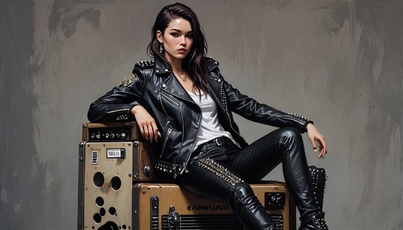 Edgy Woman on Guitar Amp in Cyberpunk Style