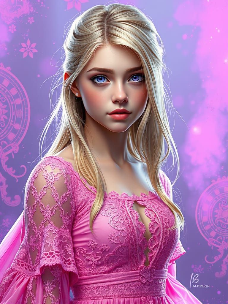 Ethereal Young Woman in Pink Lace Gown