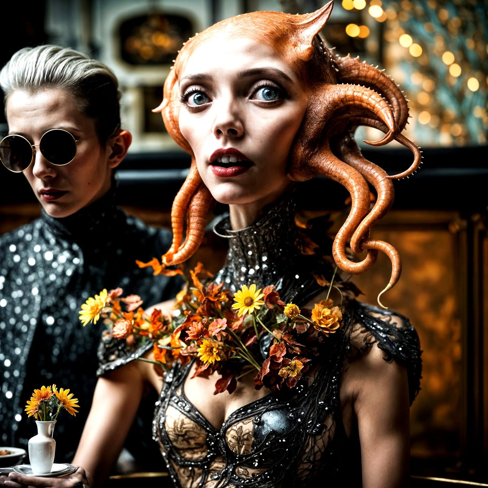 Surreal Alien Restaurant Celebration in Dreamy Light