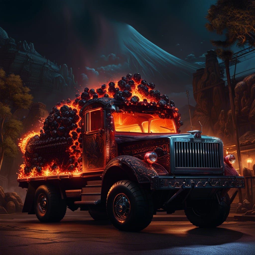 Erupting Volcano Truck in Graveyard, Hyperrealistic Concept ...