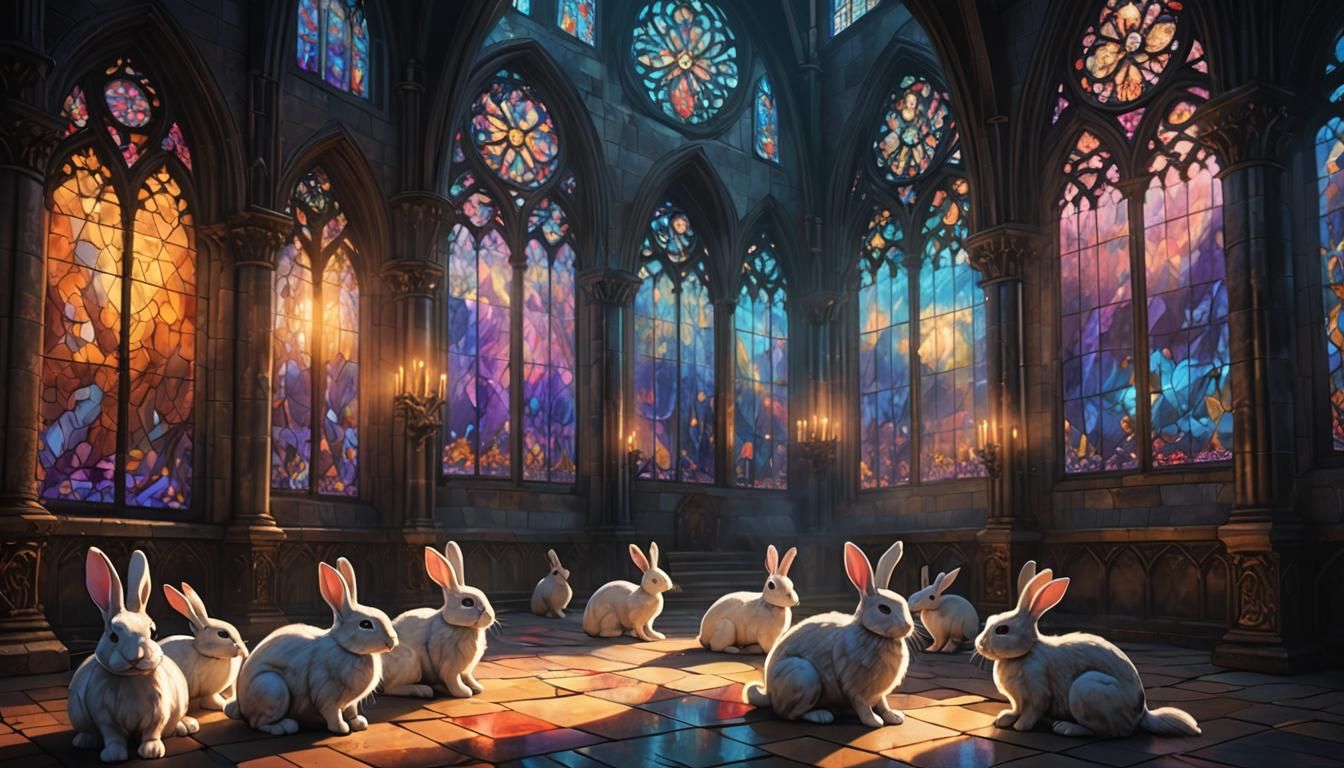 Bunnies Huddled in Ancient Cathedral: 3D Gothic Painting