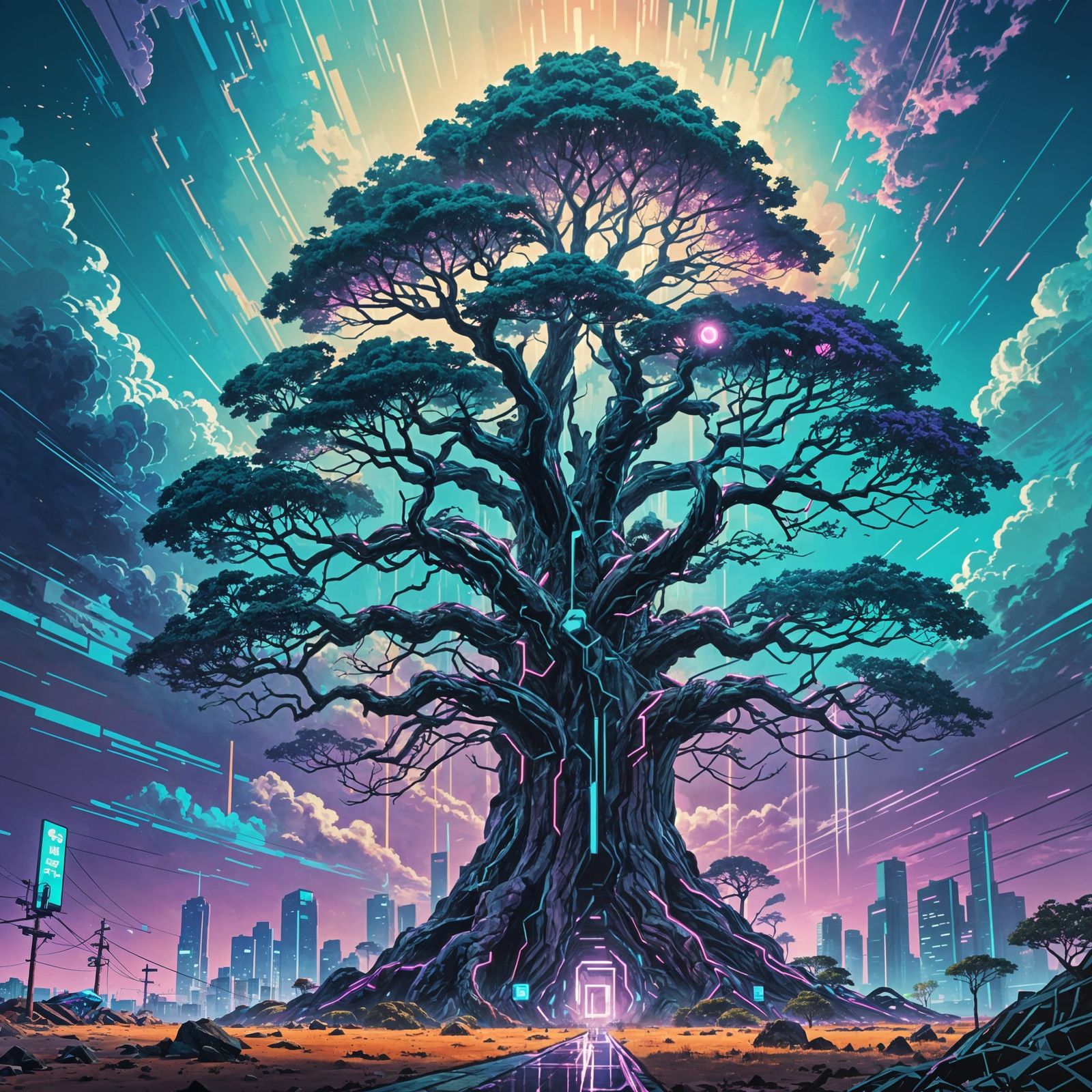 Synthwave Tree Ascends: Neon Cyberpunk Concept Art