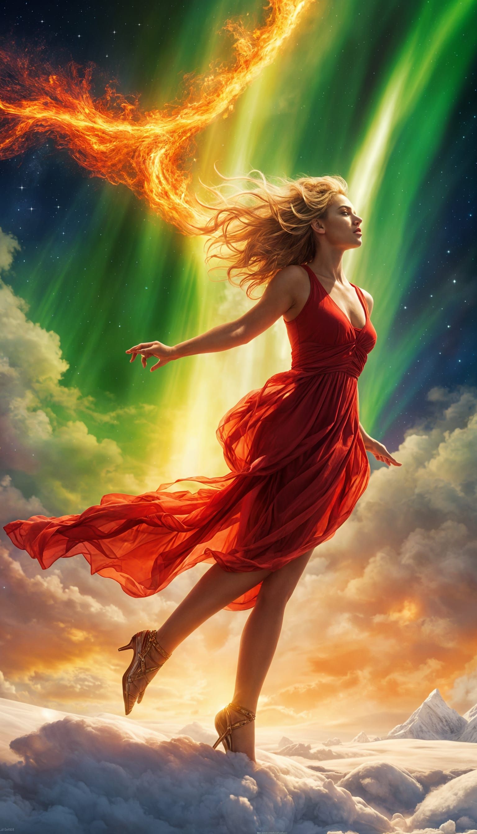 Fiery Dancer on Ice Under Northern Lights