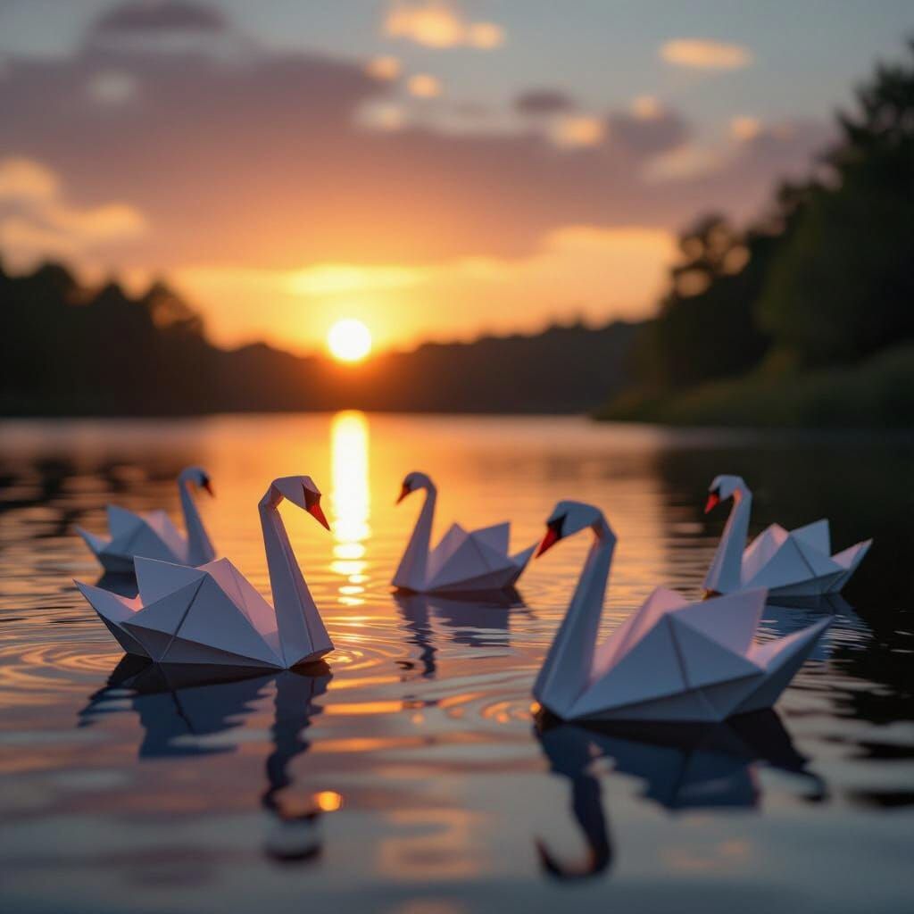 Origami Swans on Serene Lake at Sunset