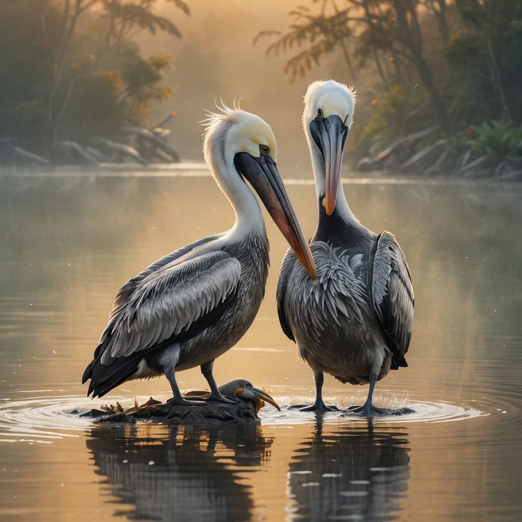 Pelican and Chick at Sunrise: Wildlife Art