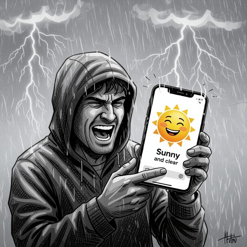 Man Shakes Phone Showing Sunny While Caught in Downpour