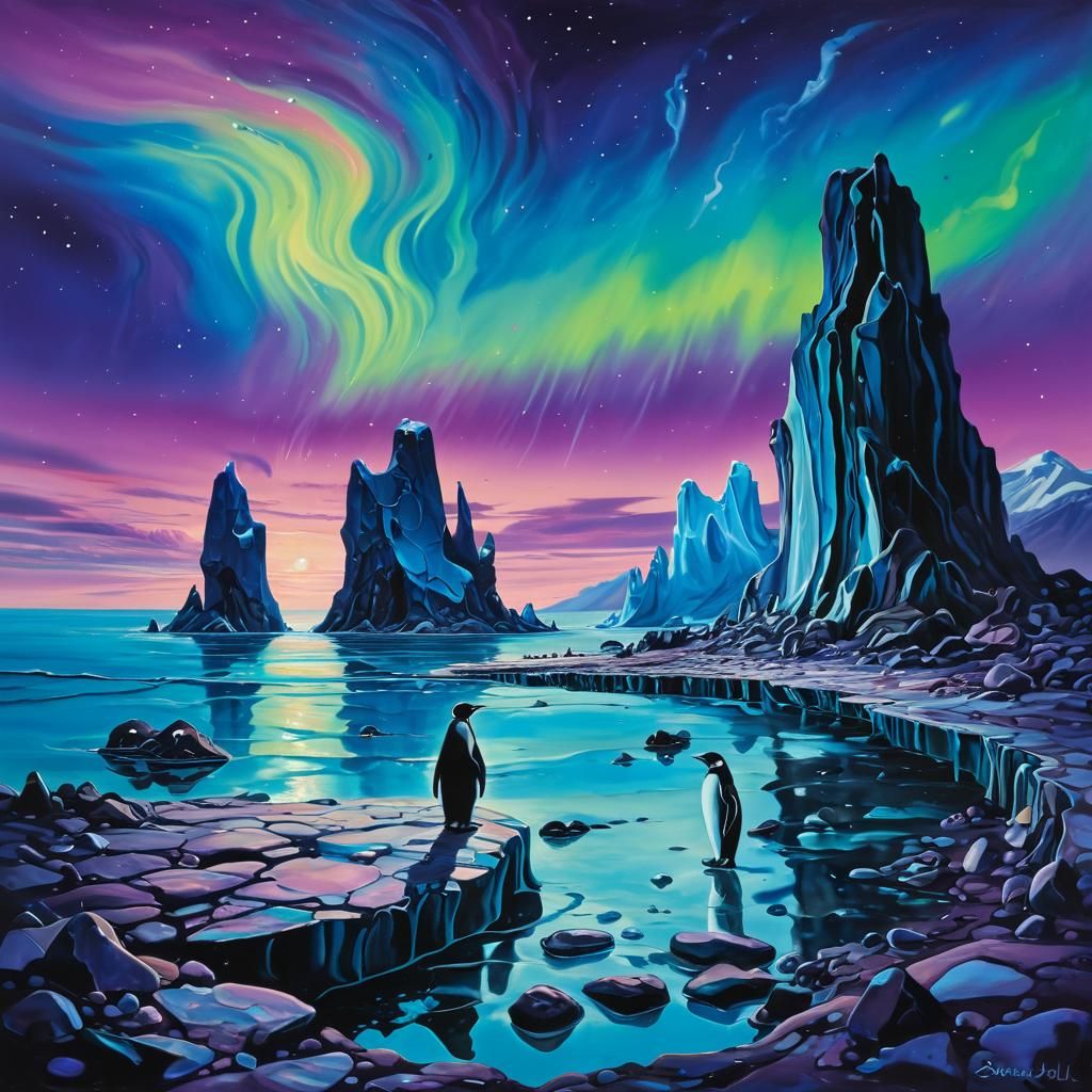 Eskimo and pinguin best friends infront of a magical see,northern light, surrealism Salvador Dali matte background melti...