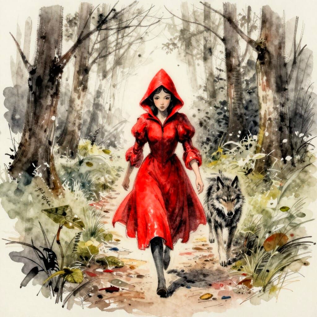 Red Riding Hood Skipping Through Forest, Wolf Behind