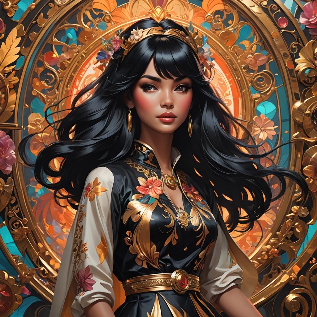 A pretty black haired girl wearing a beautiful floral dress