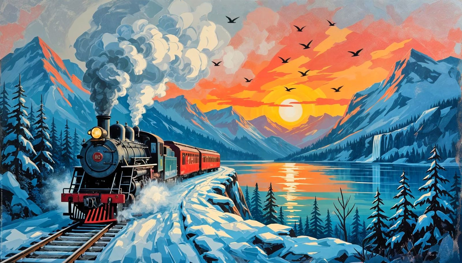 Ice Steam Train on Snowy Mountain at Sunset