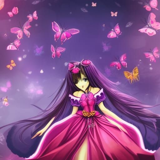 Anime Ninja Girl with Butterflies in Kawaii Style