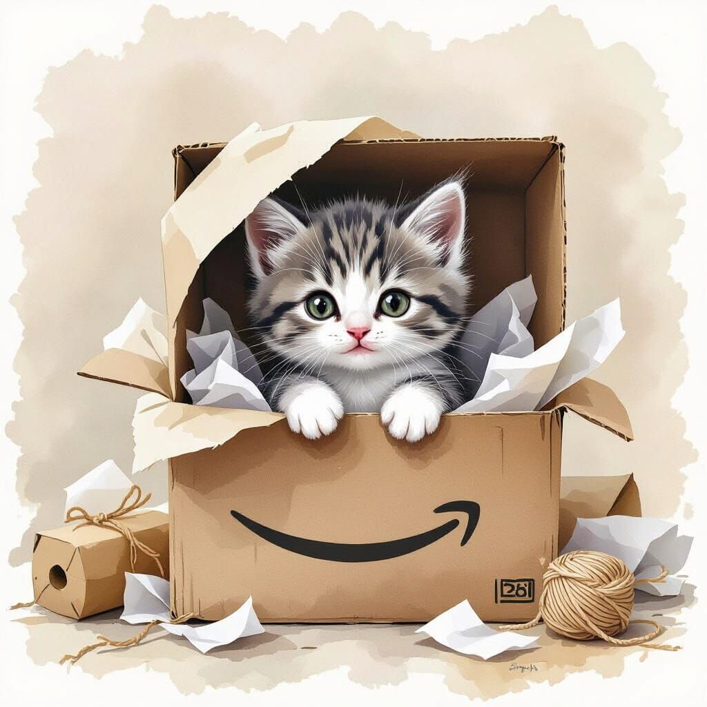 Kitten Hiding in Amazon Box, Whimsical Watercolor Style