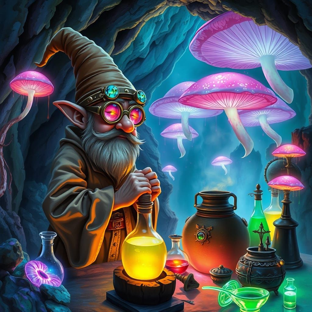 Gnome Alchemist in Bioluminescent Cavern