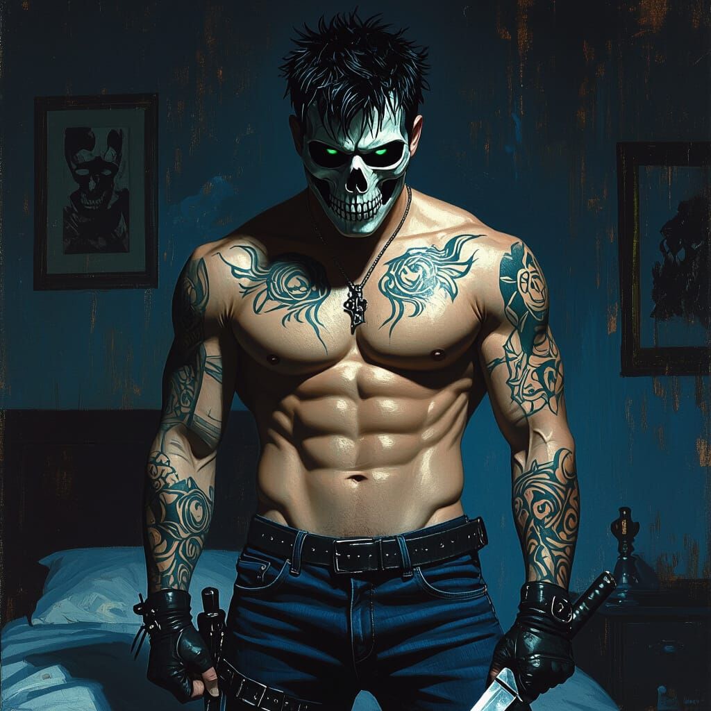 Man in Skull Mask with Tattoos and Knife