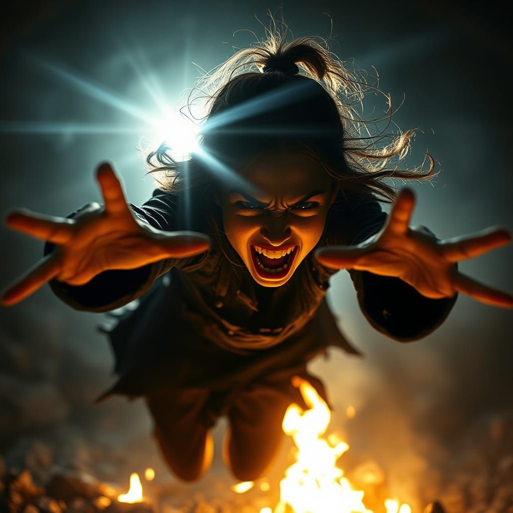 Fierce Girl Lunging in Ember-Lit Portrait