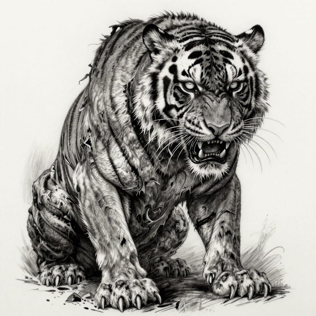 Zombie Tiger Tattoo Design in Charcoal Style