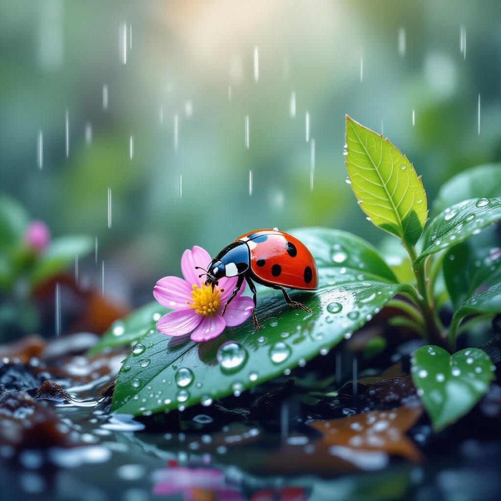 Watercolor Ladybug on Pink Flower in Rainy Forest