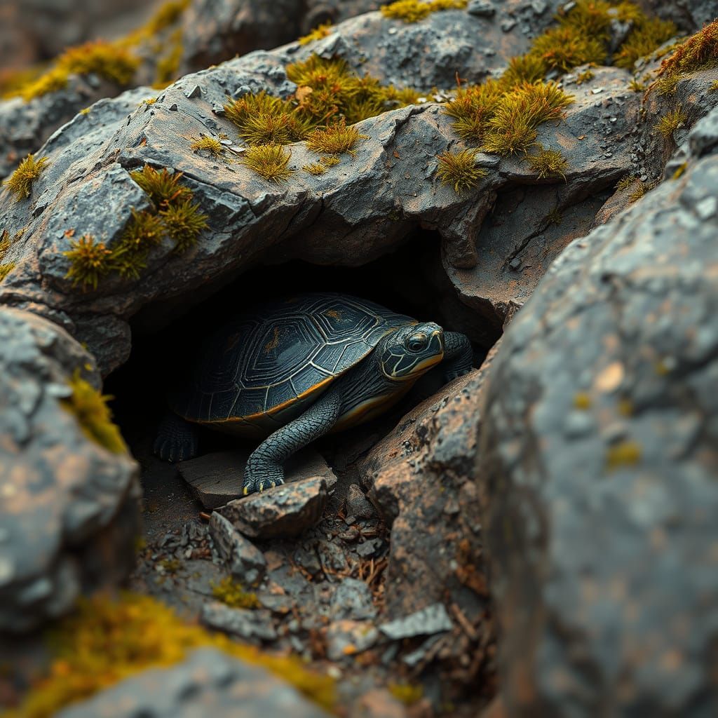 Fantastical Rock Turtle Concelled in Moss-Covered Terrain