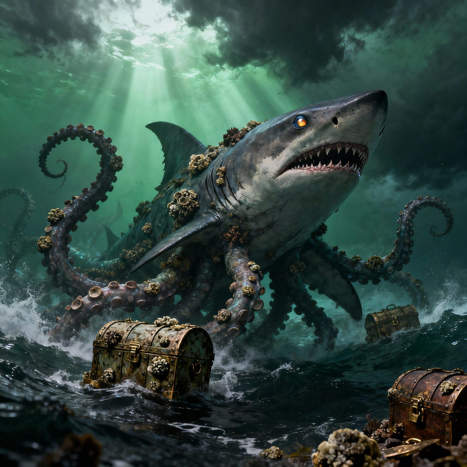 Sharktopus Emerges from Stormy Ocean with Treasure