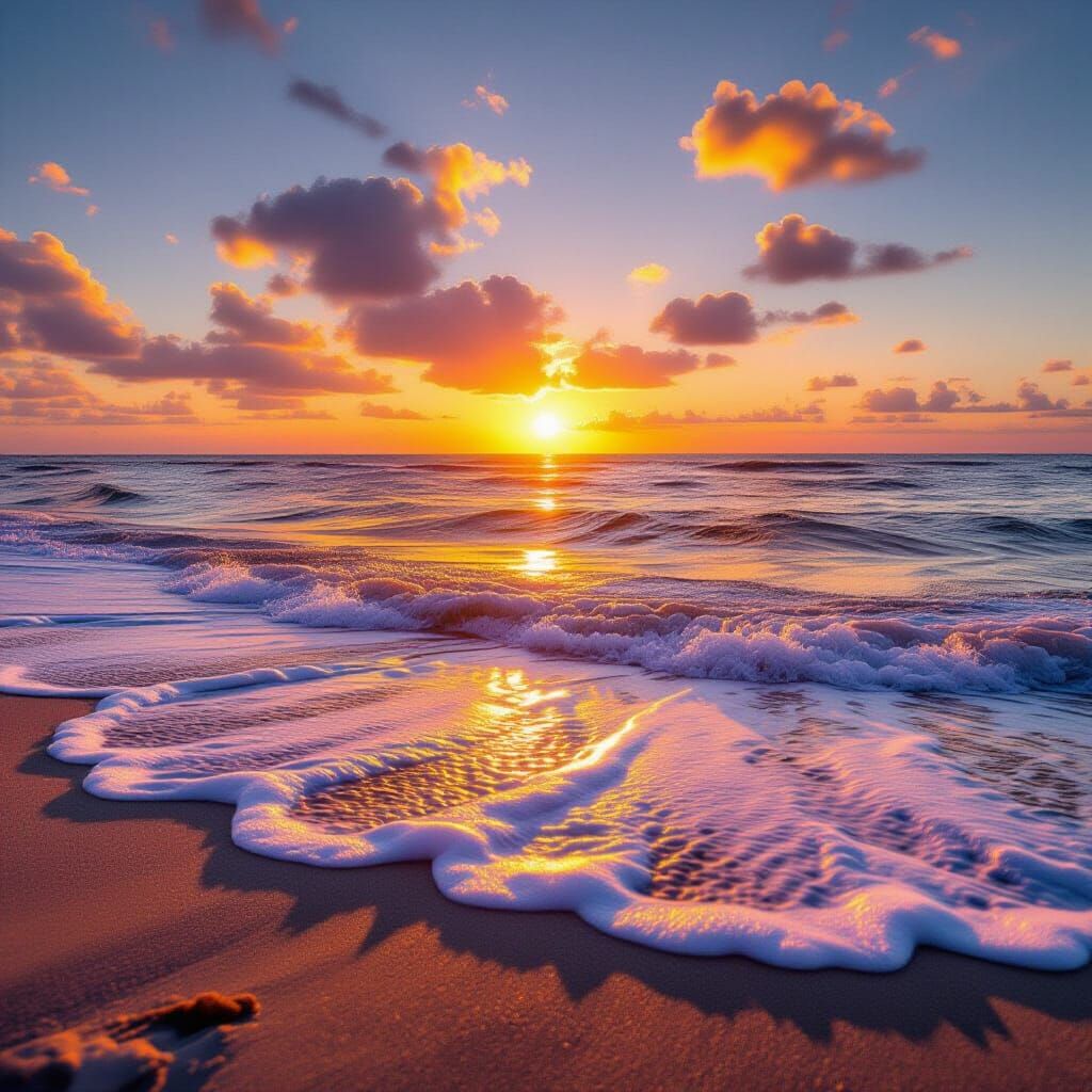 Serene Beach at Golden Hour with Vibrant Sky